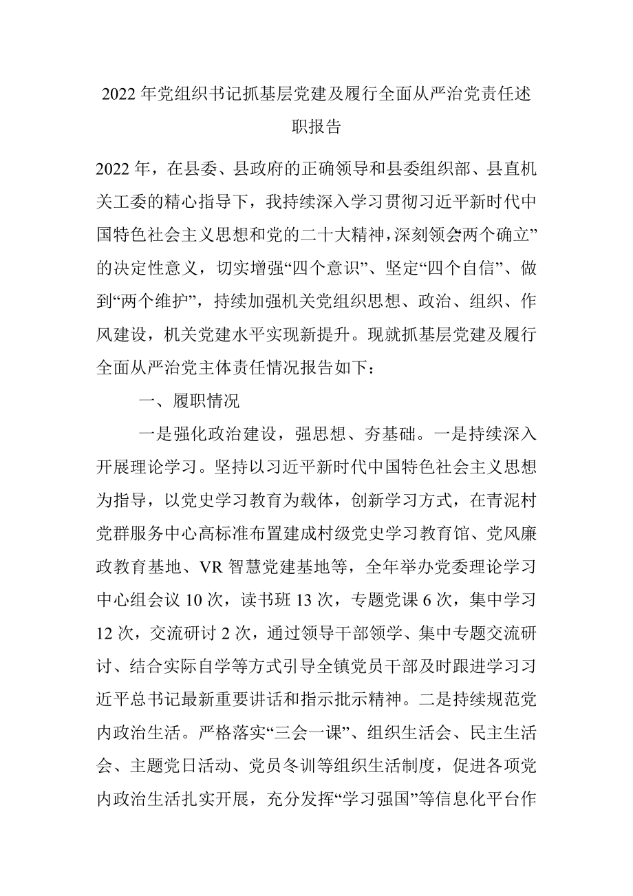 2022年党组织书记抓基层党建及履行全面从严治党责任述职报告_1.docx_第1页