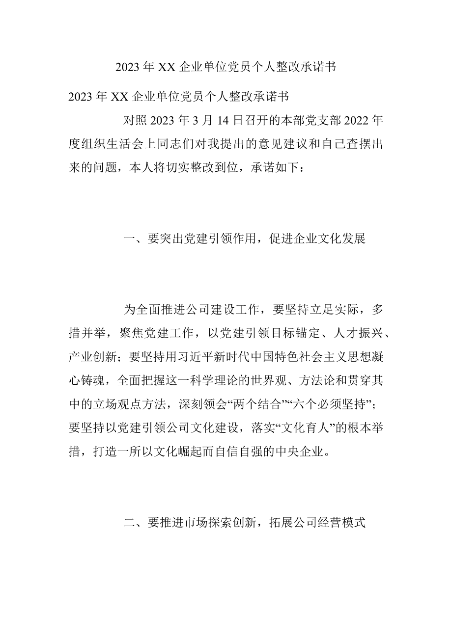 2023年XX企业单位党员个人整改承诺书.docx_第1页