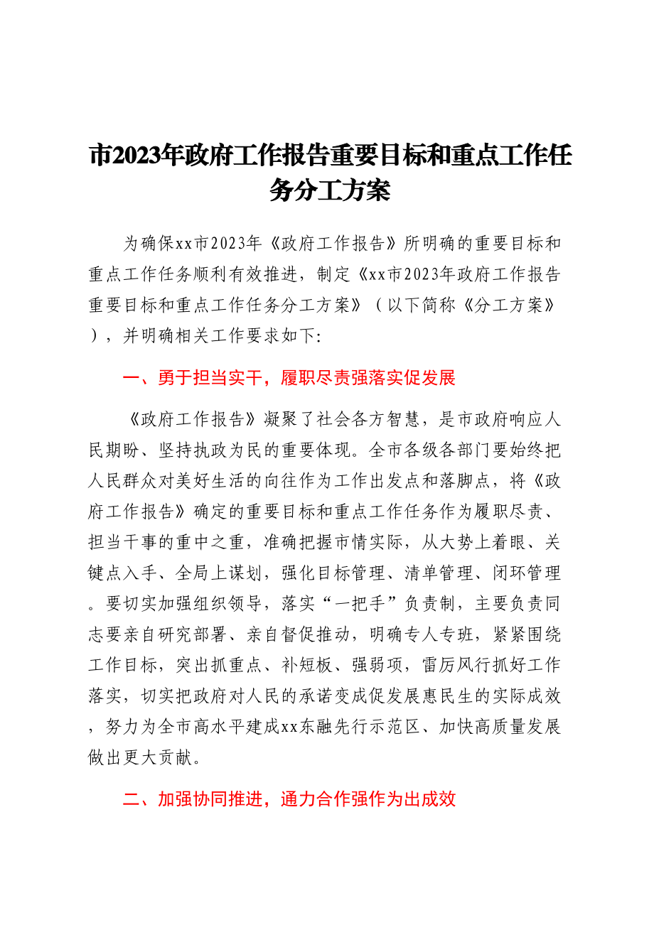 市2023年政府工作报告重要目标和重点工作任务分工方案 .docx_第1页