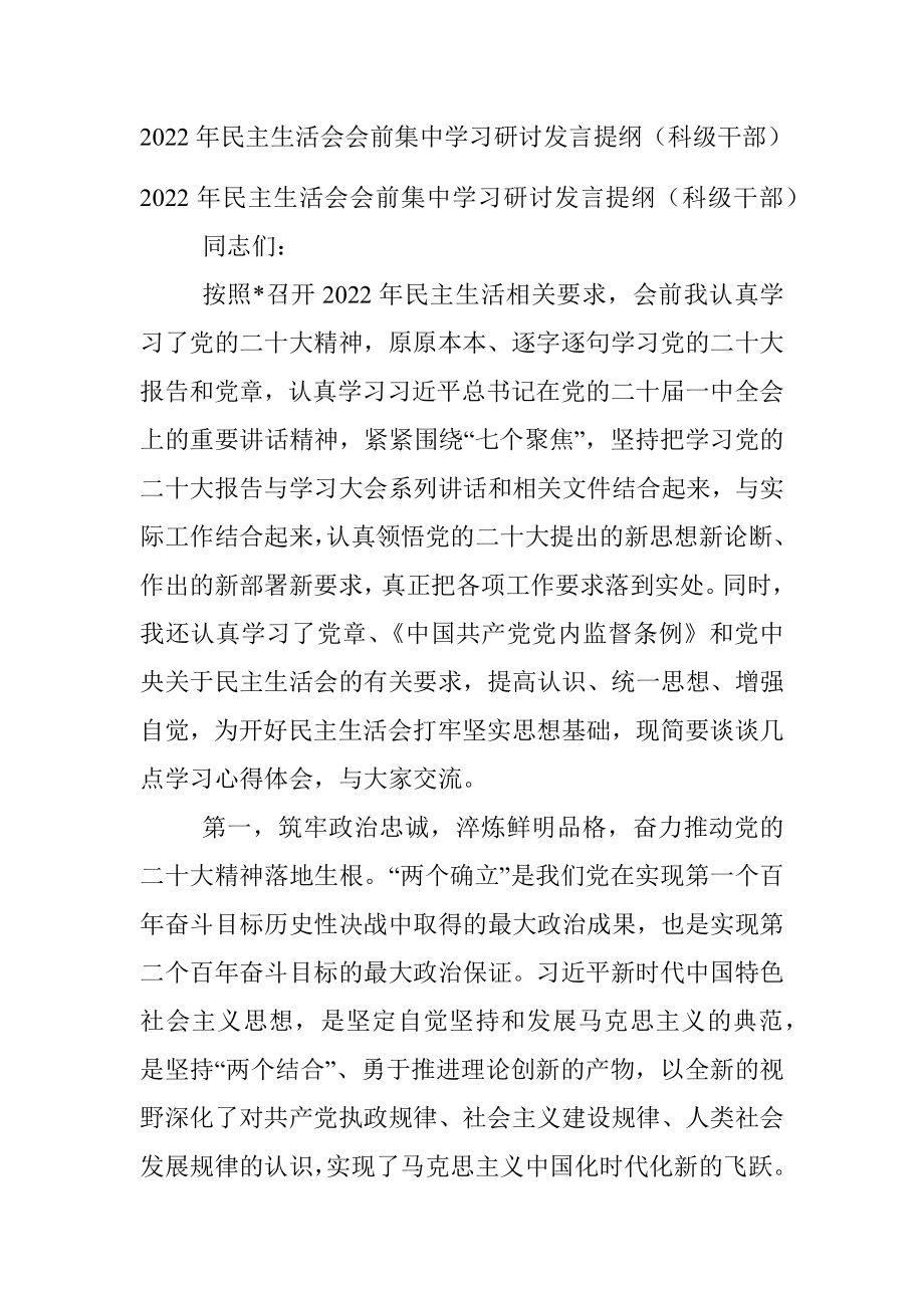 2022年民主生活会会前集中学习研讨发言提纲（科级干部）_1.docx_第1页