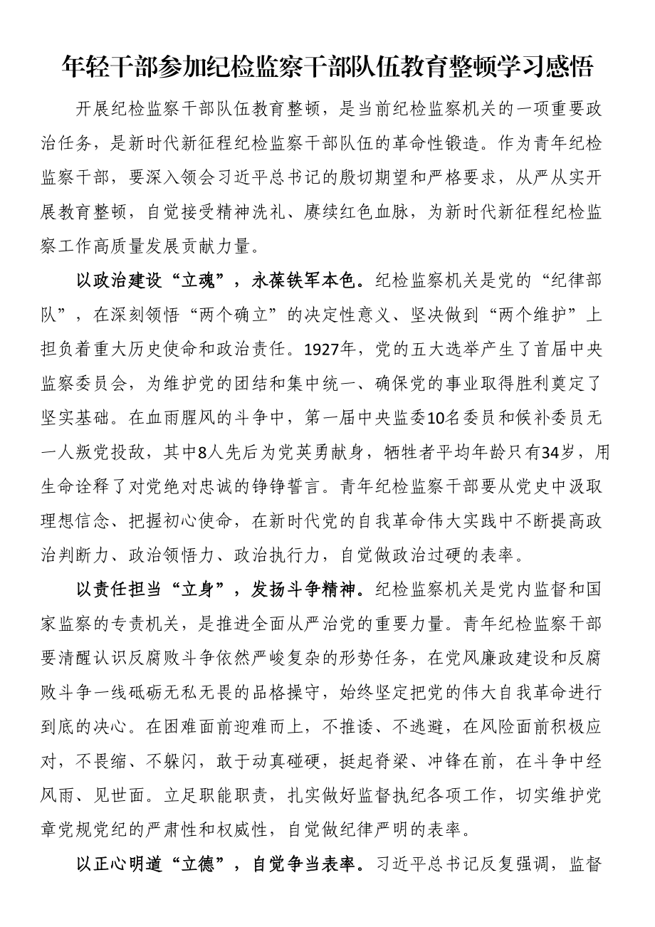 2023年年轻干部参加纪检监察干部队伍教育整顿学习感悟 .docx_第1页