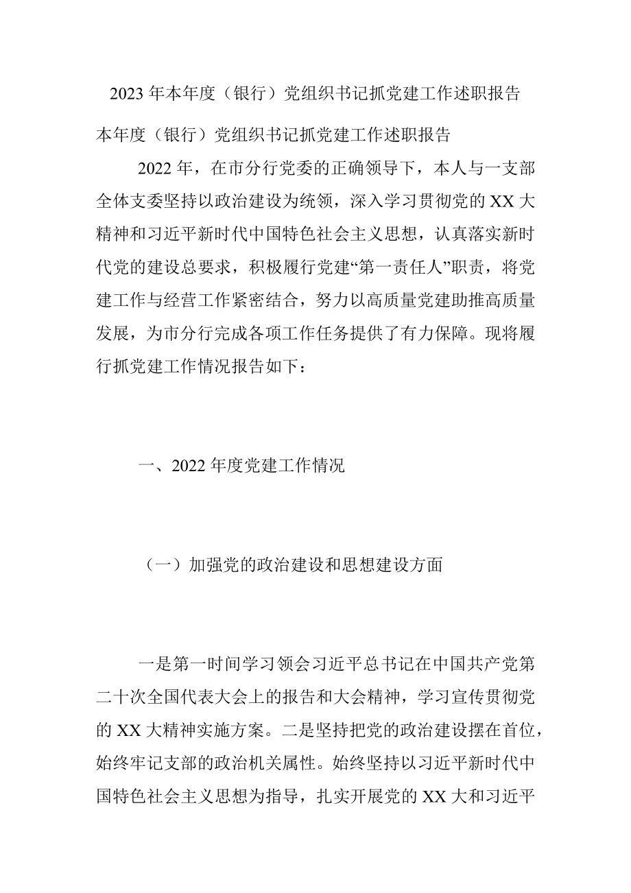 2023年本年度（银行）党组织书记抓党建工作述职报告.docx_第1页