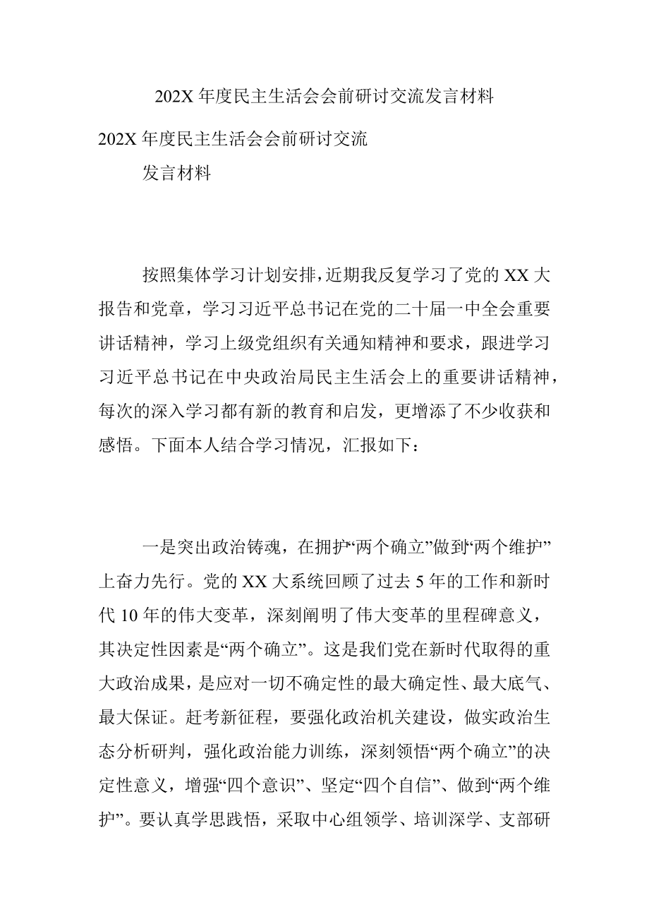 202X年度民主生活会会前研讨交流发言材料.docx_第1页