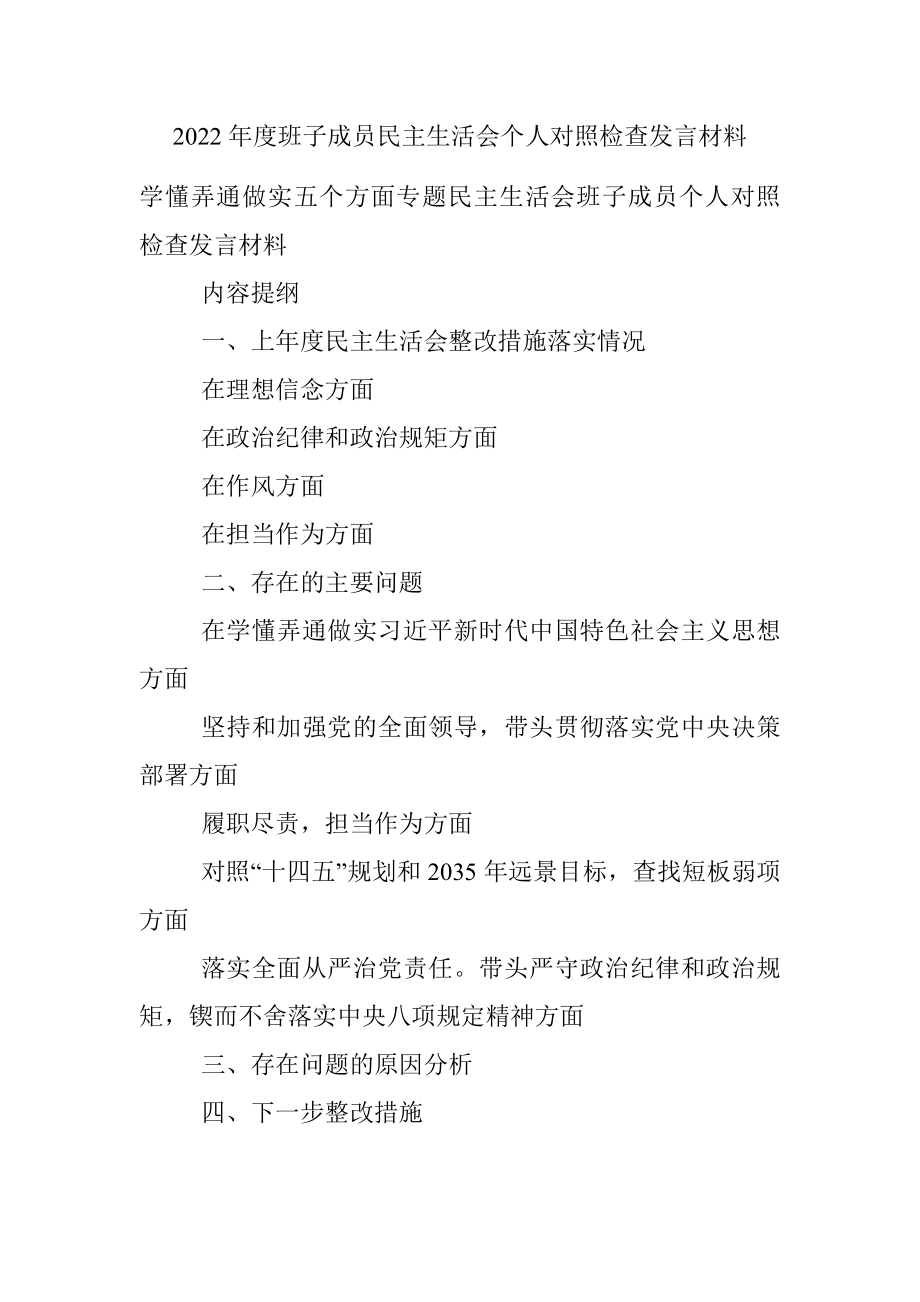 2022年度班子成员民主生活会个人对照检查发言材料.docx_第1页