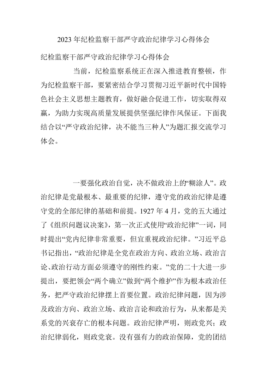 2023年纪检监察干部严守政治纪律学习心得体会.docx_第1页