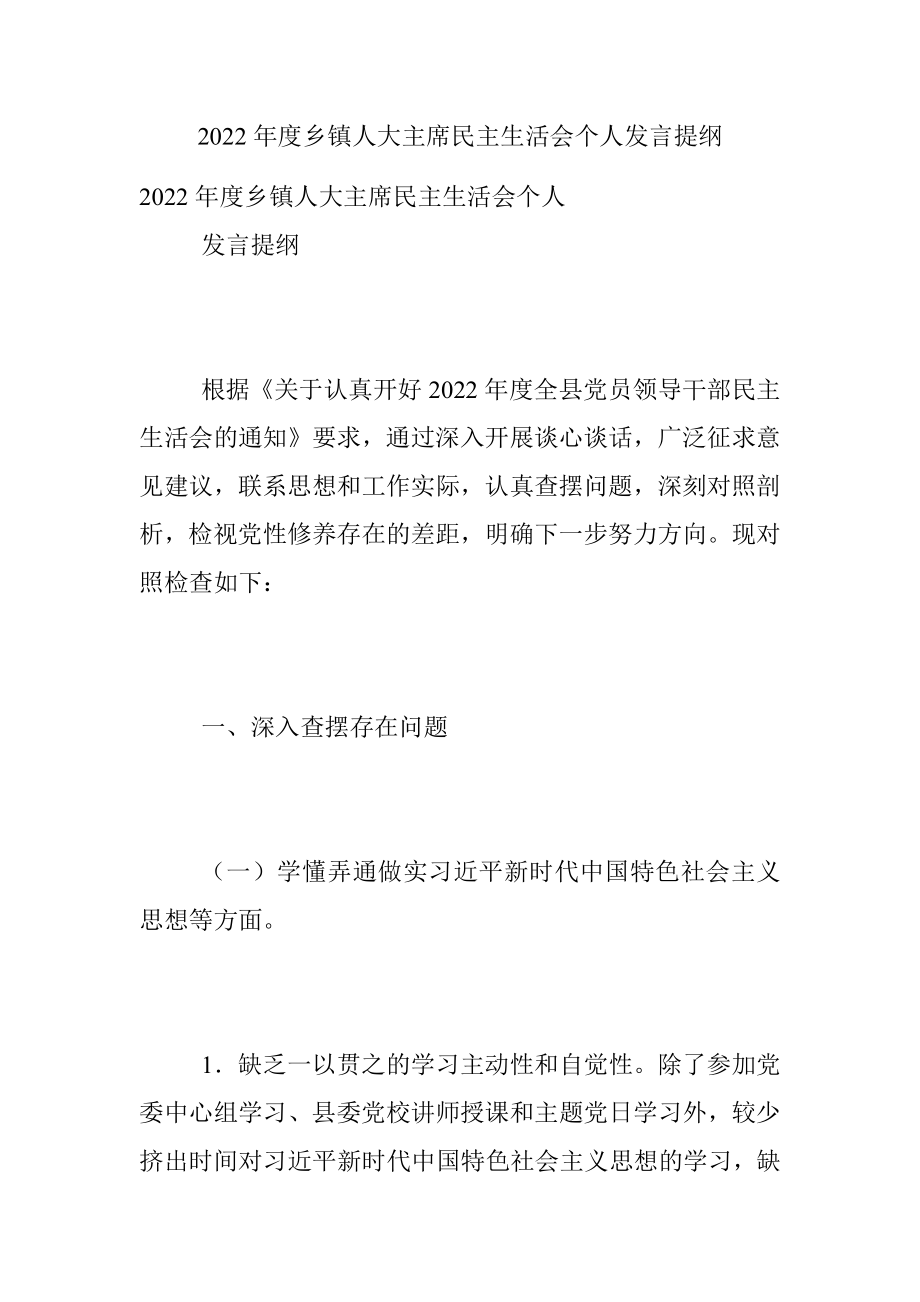 2022年度乡镇人大主席民主生活会个人发言提纲.docx_第1页