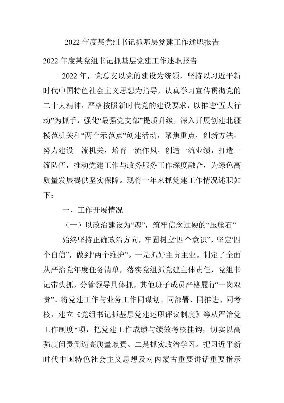 2022年度某党组书记抓基层党建工作述职报告.docx_第1页