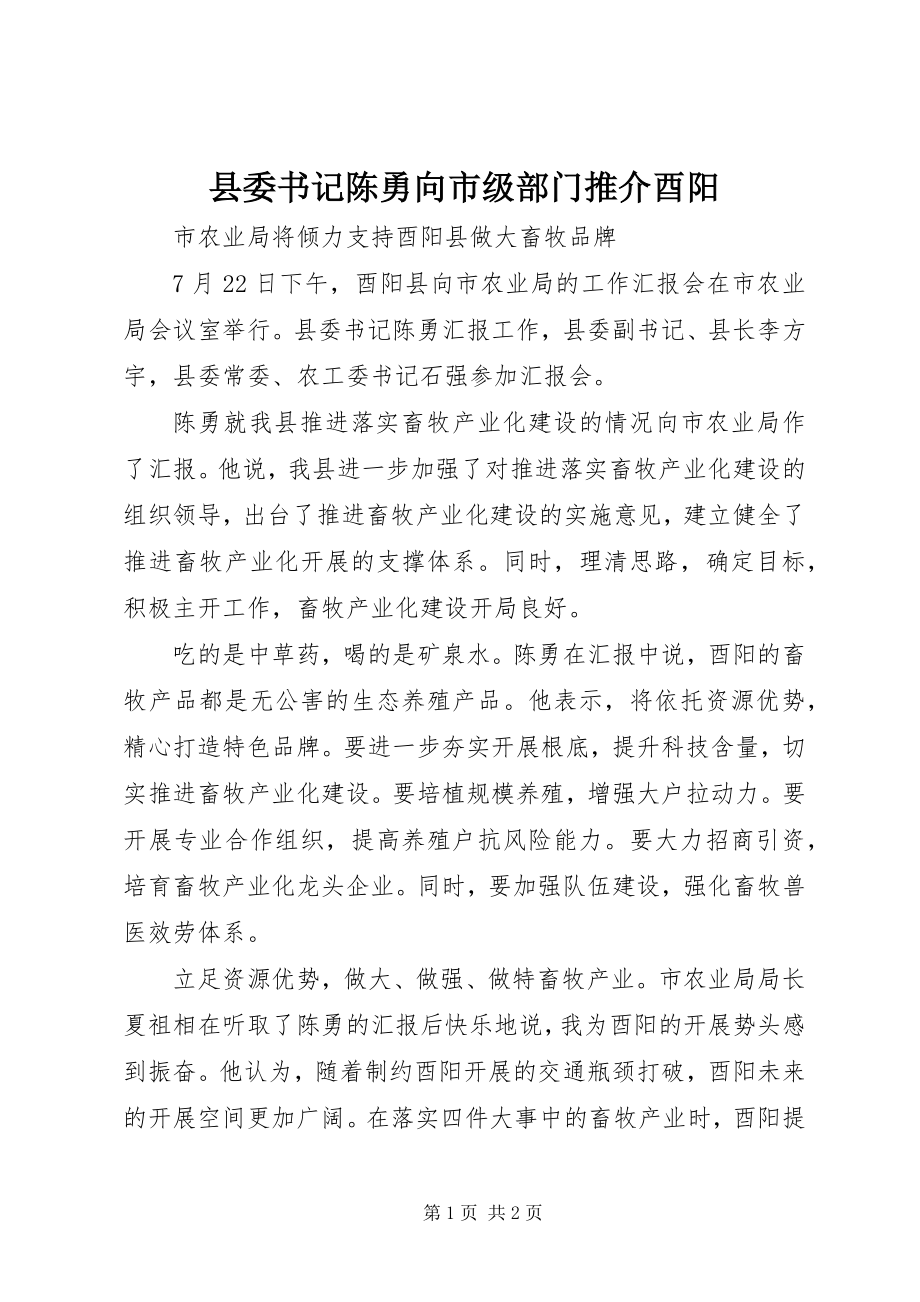 2023年县委书记陈勇向市级部门推介酉阳.docx_第1页