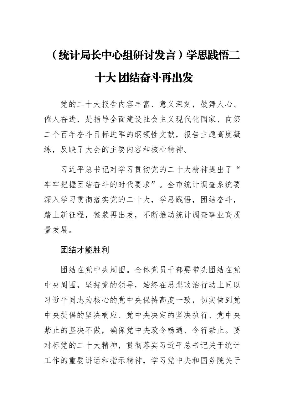 2023年(统计局长中心组研讨发言)学思践悟二十大 团结奋斗再出发 .docx_第1页