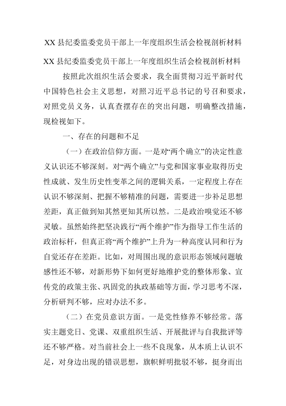 XX县纪委监委党员干部上一年度组织生活会检视剖析材料.docx_第1页