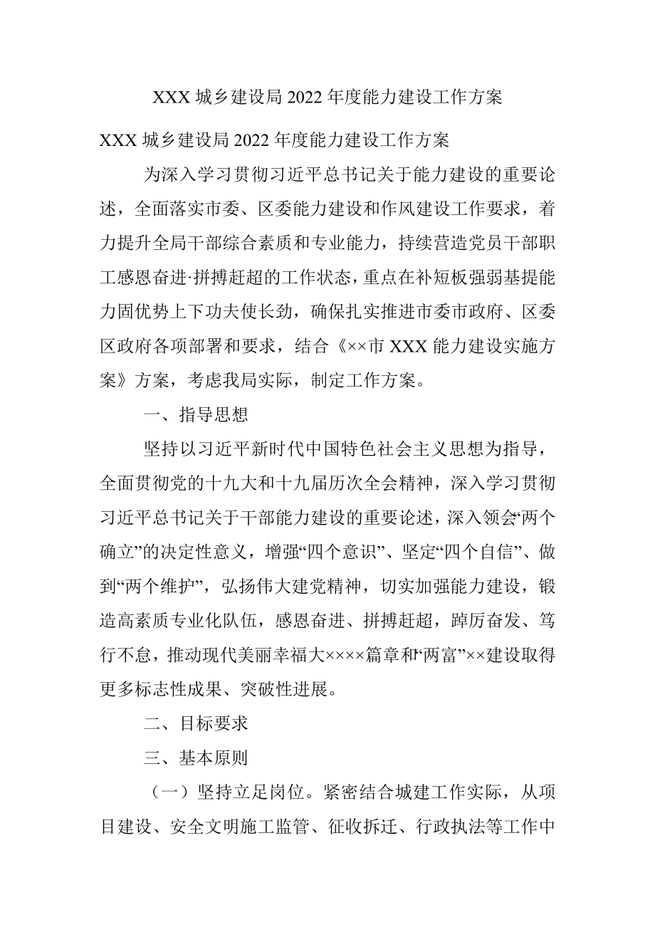 XXX城乡建设局2022年度能力建设工作方案.docx_第1页