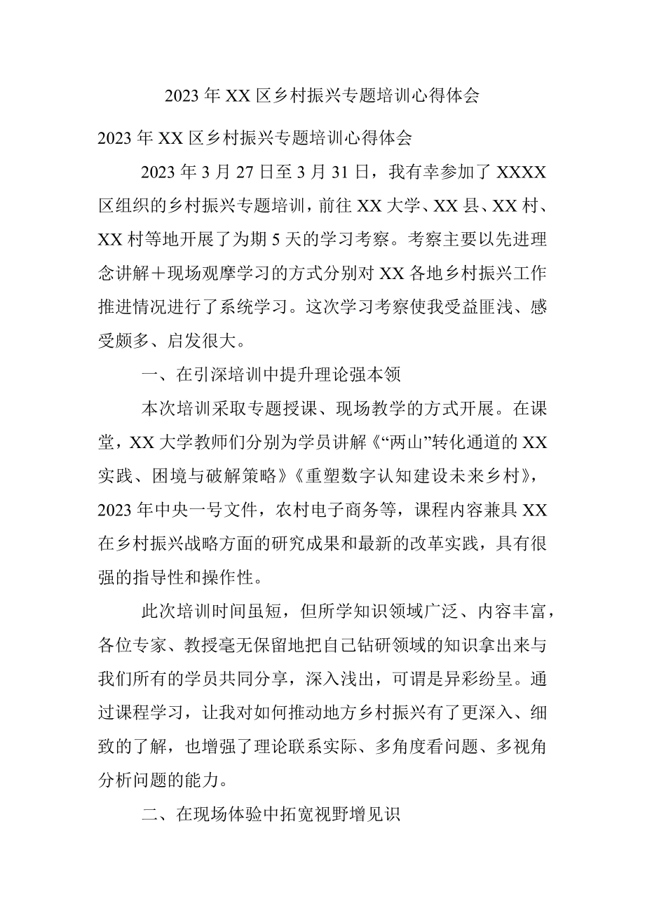 2023年XX区乡村振兴专题培训心得体会.docx_第1页