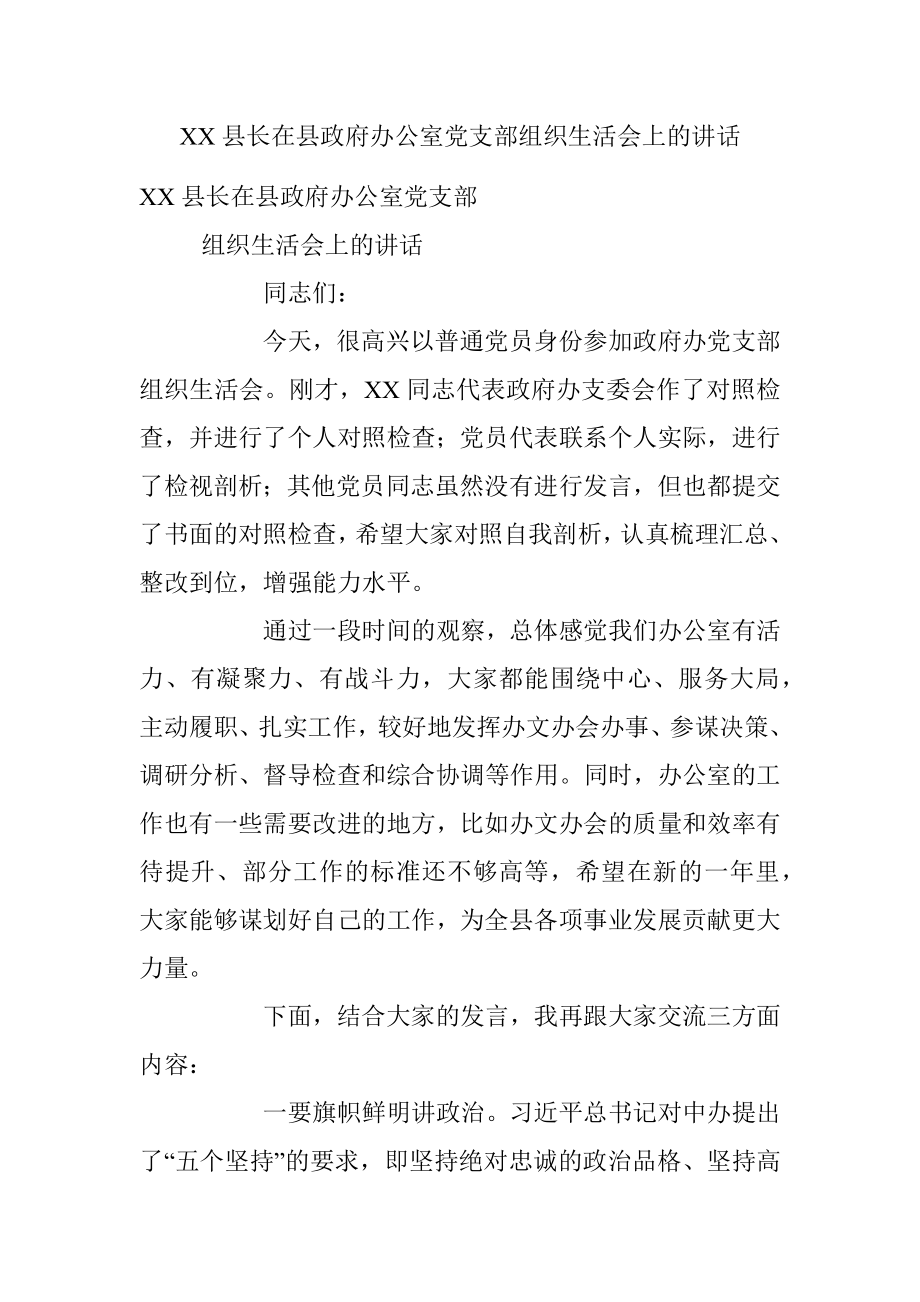 XX县长在县政府办公室党支部组织生活会上的讲话.docx_第1页