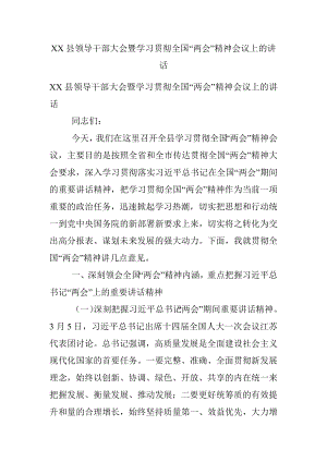 XX县领导干部大会暨学习贯彻全国“两会”精神会议上的讲话.docx