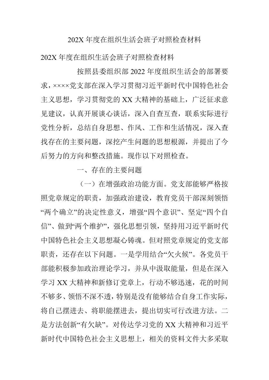 202X年度在组织生活会班子对照检查材料.docx_第1页