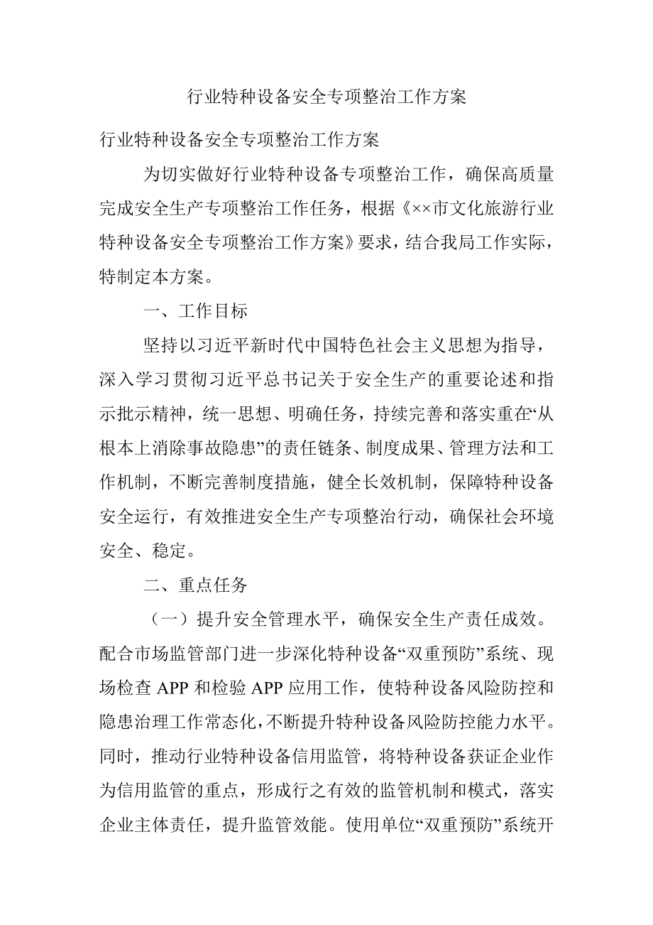 行业特种设备安全专项整治工作方案.docx_第1页