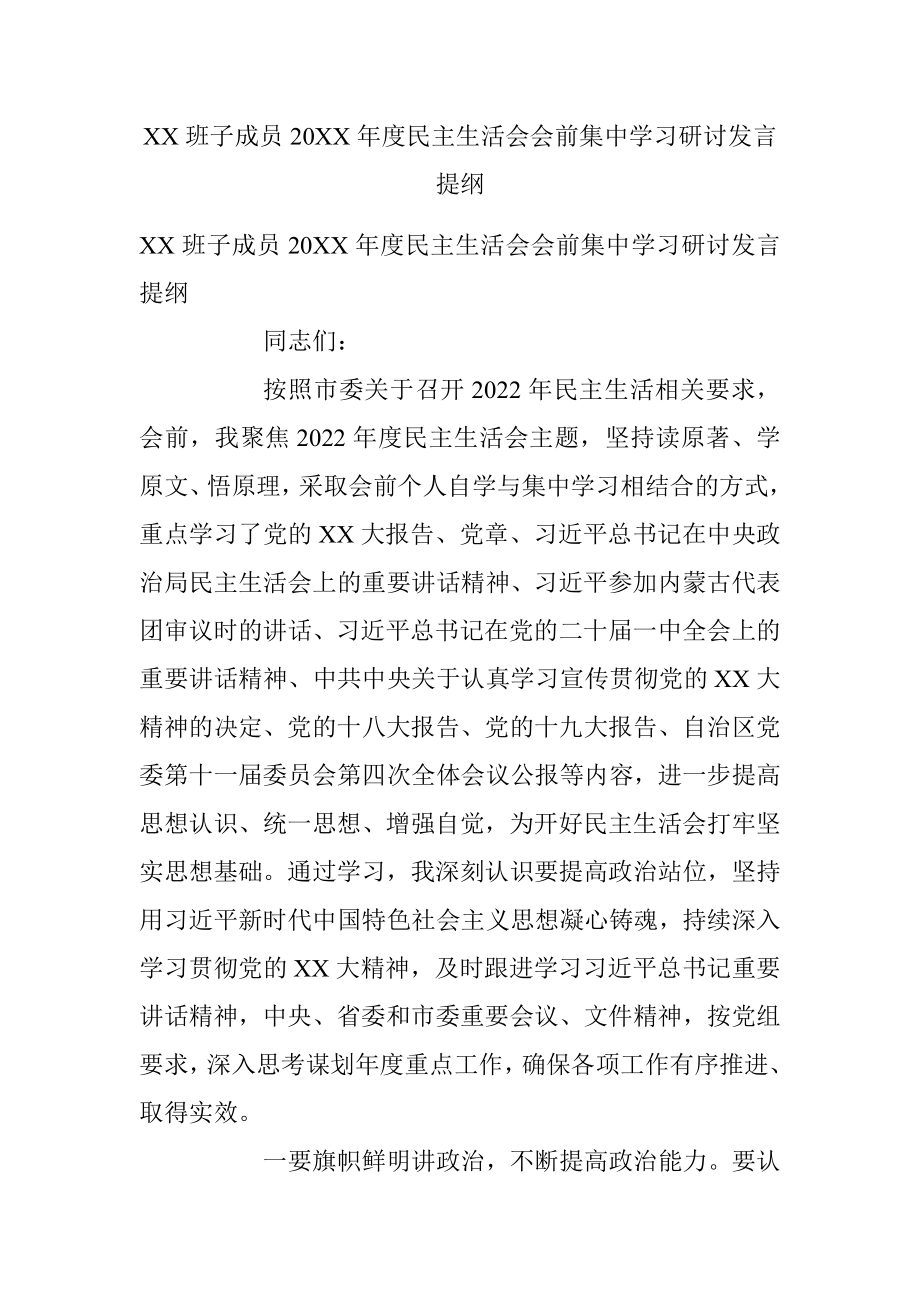 XX班子成员20XX年度民主生活会会前集中学习研讨发言提纲.docx_第1页