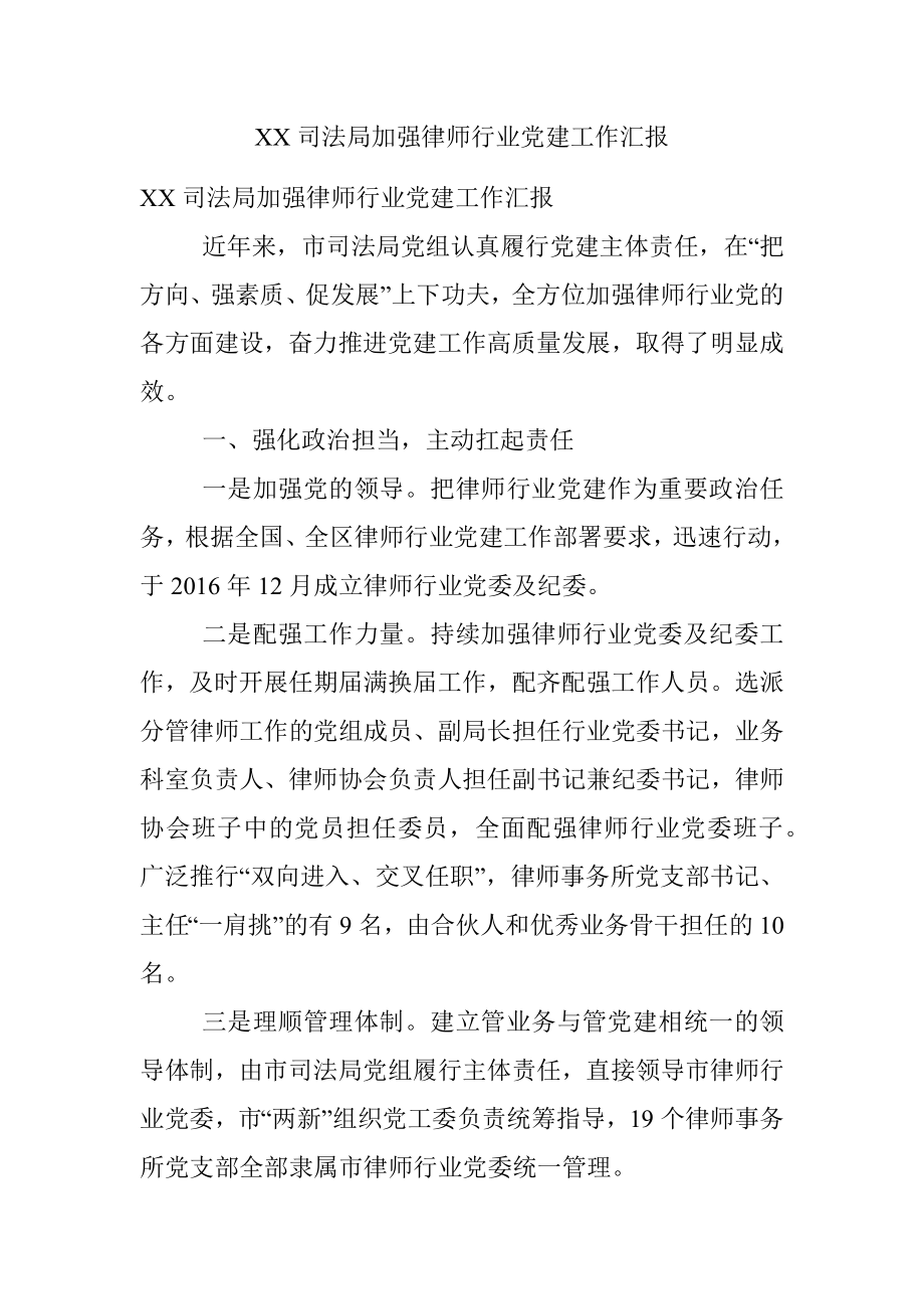 XX司法局加强律师行业党建工作汇报.docx_第1页