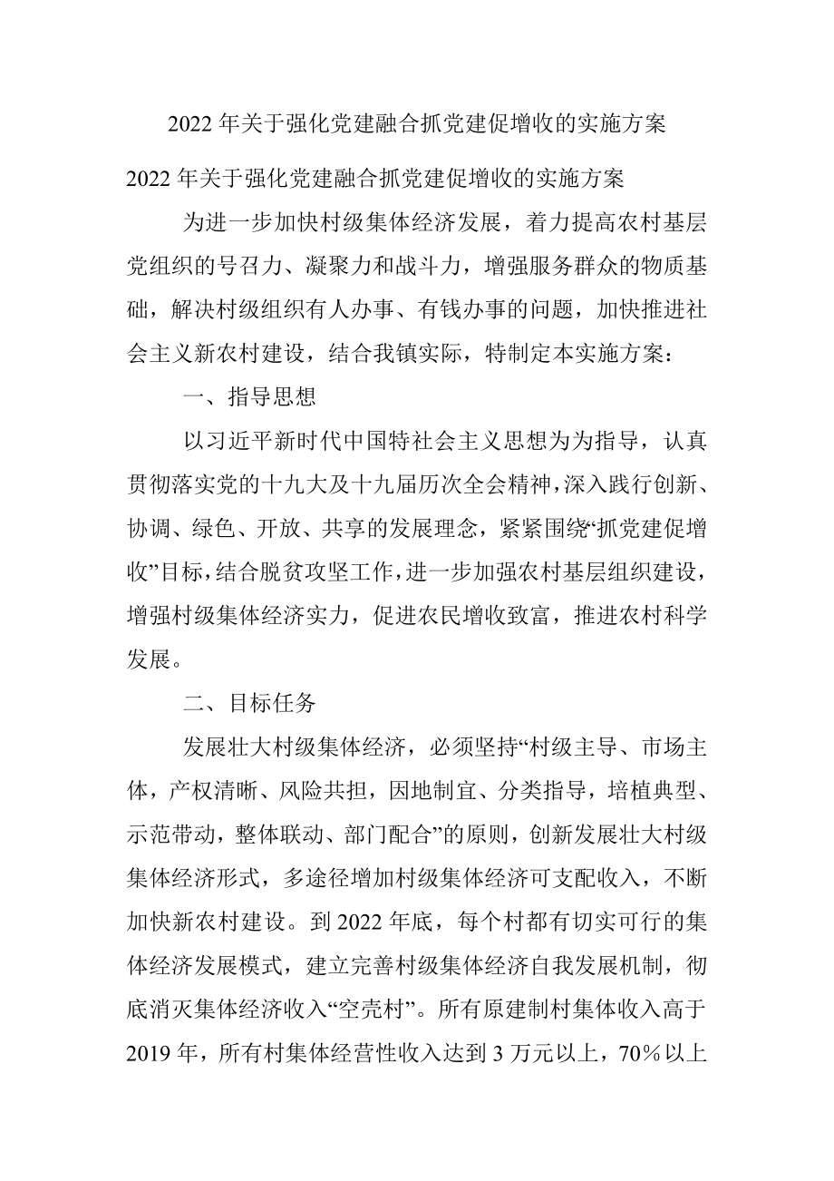 2022年关于强化党建融合抓党建促增收的实施方案.docx_第1页