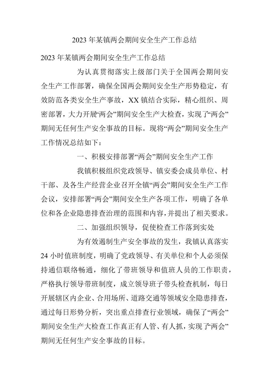 2023年某镇两会期间安全生产工作总结.docx_第1页