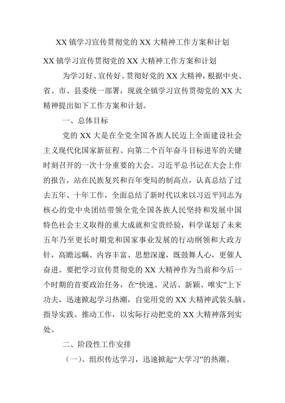 XX镇学习宣传贯彻党的XX大精神工作方案和计划.docx_第1页