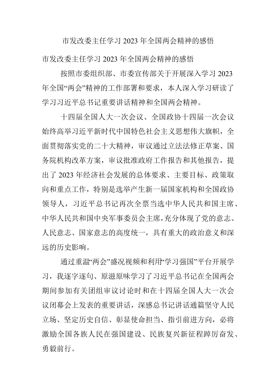 市发改委主任学习2023年全国两会精神的感悟.docx_第1页