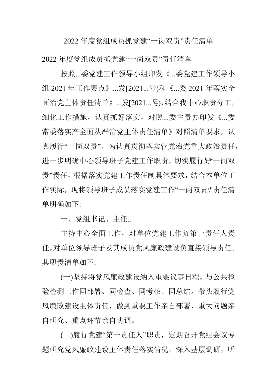 2022年度党组成员抓党建“一岗双责”责任清单.docx_第1页