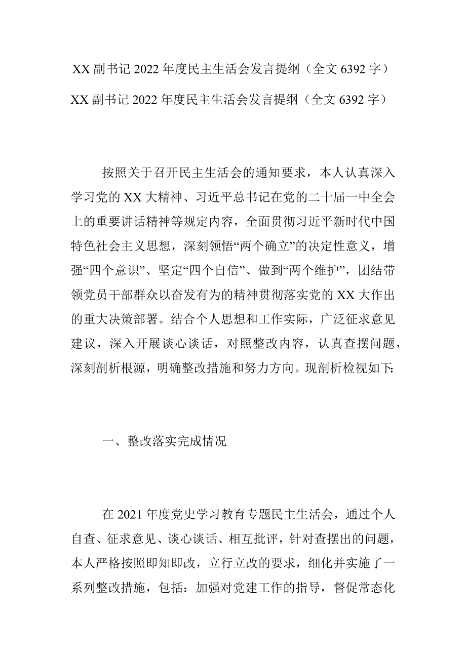 XX副书记2022年度民主生活会发言提纲（全文6392字）.docx_第1页