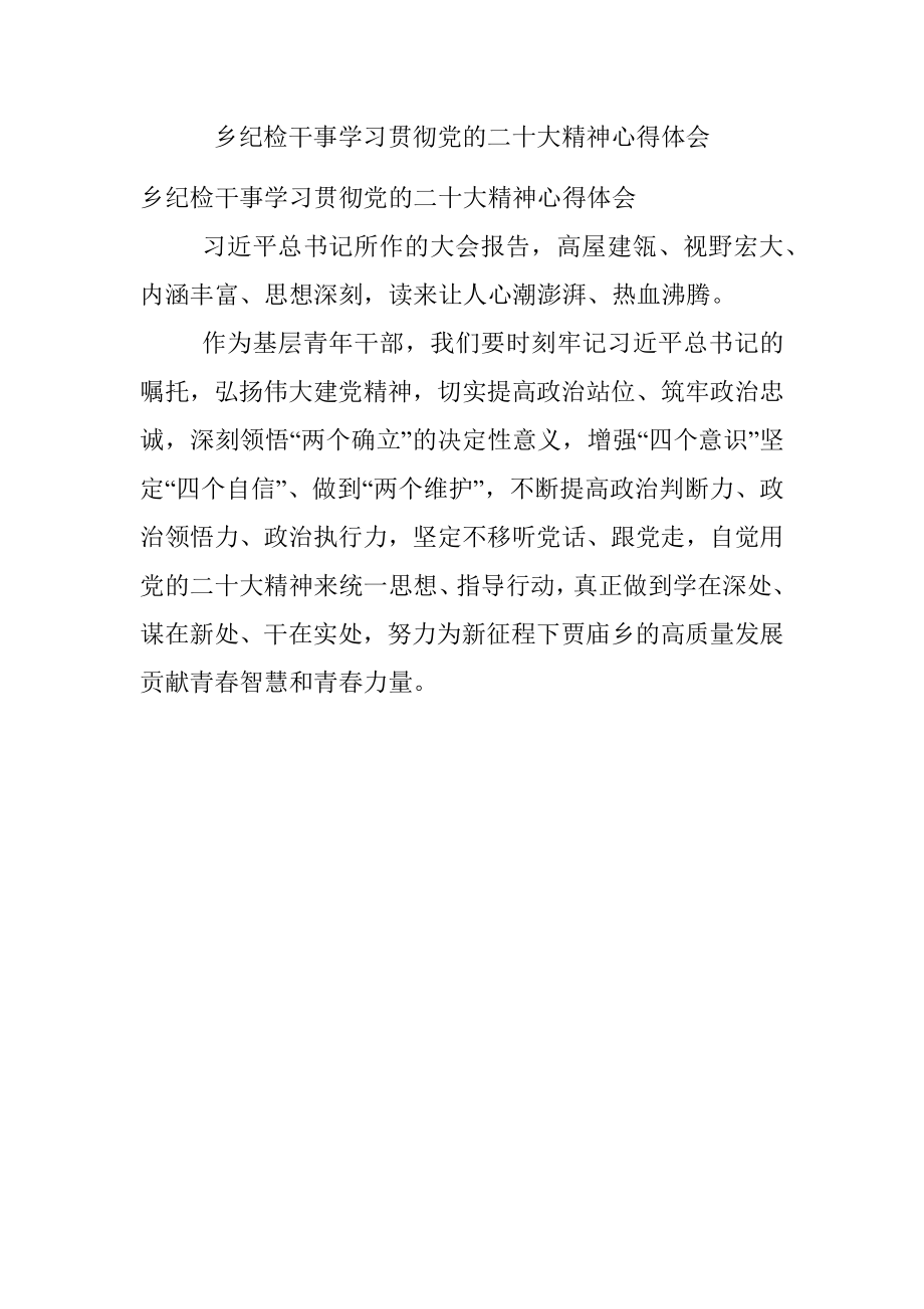 乡纪检干事学习贯彻党的二十大精神心得体会.docx_第1页