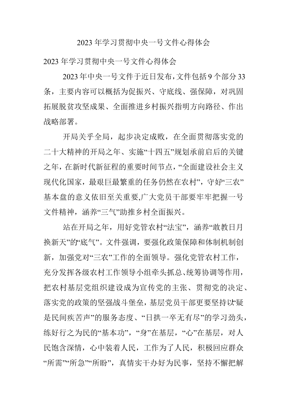 2023年学习贯彻中央一号文件心得体会.docx_第1页