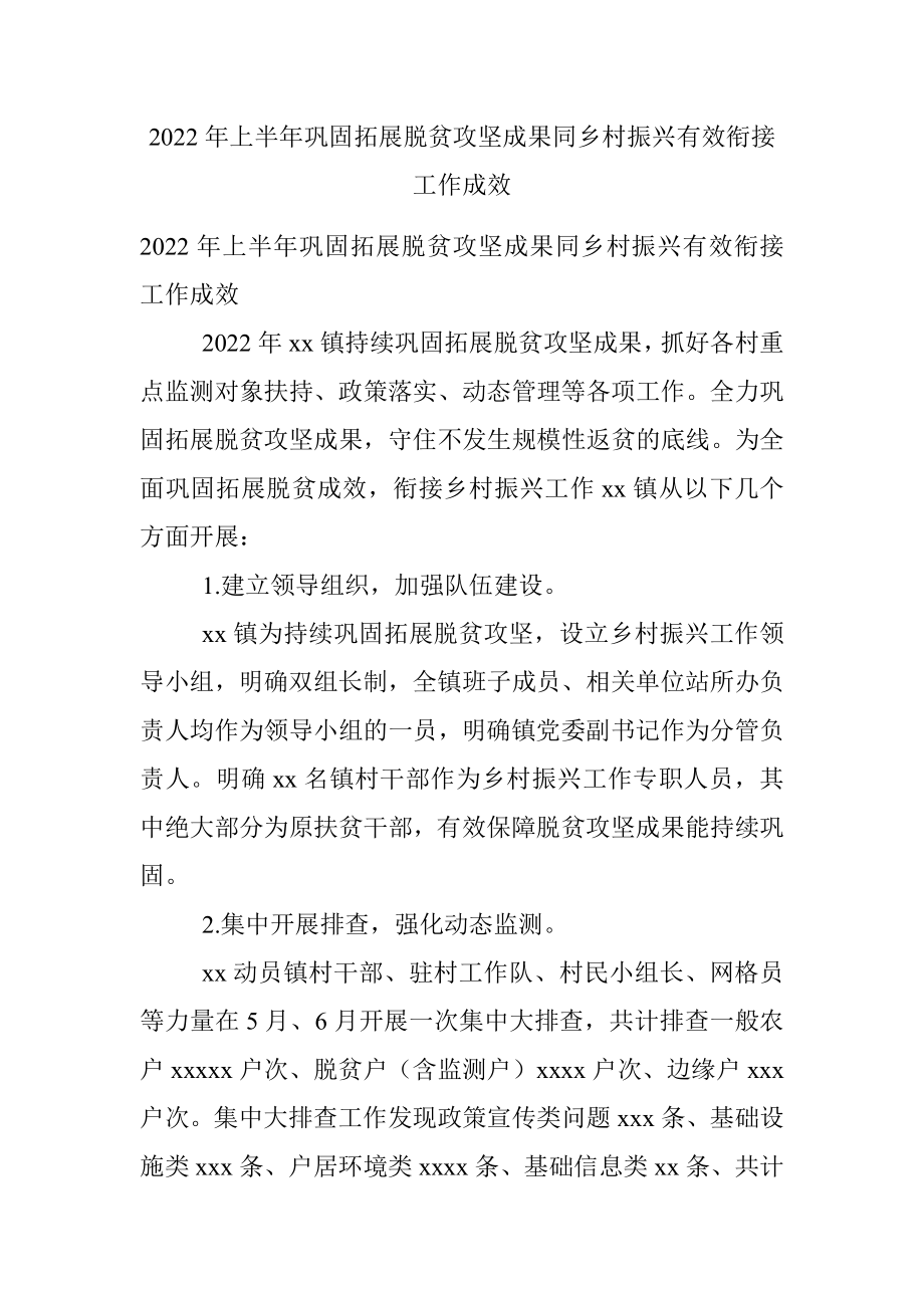 2022年上半年巩固拓展脱贫攻坚成果同乡村振兴有效衔接工作成效.docx_第1页