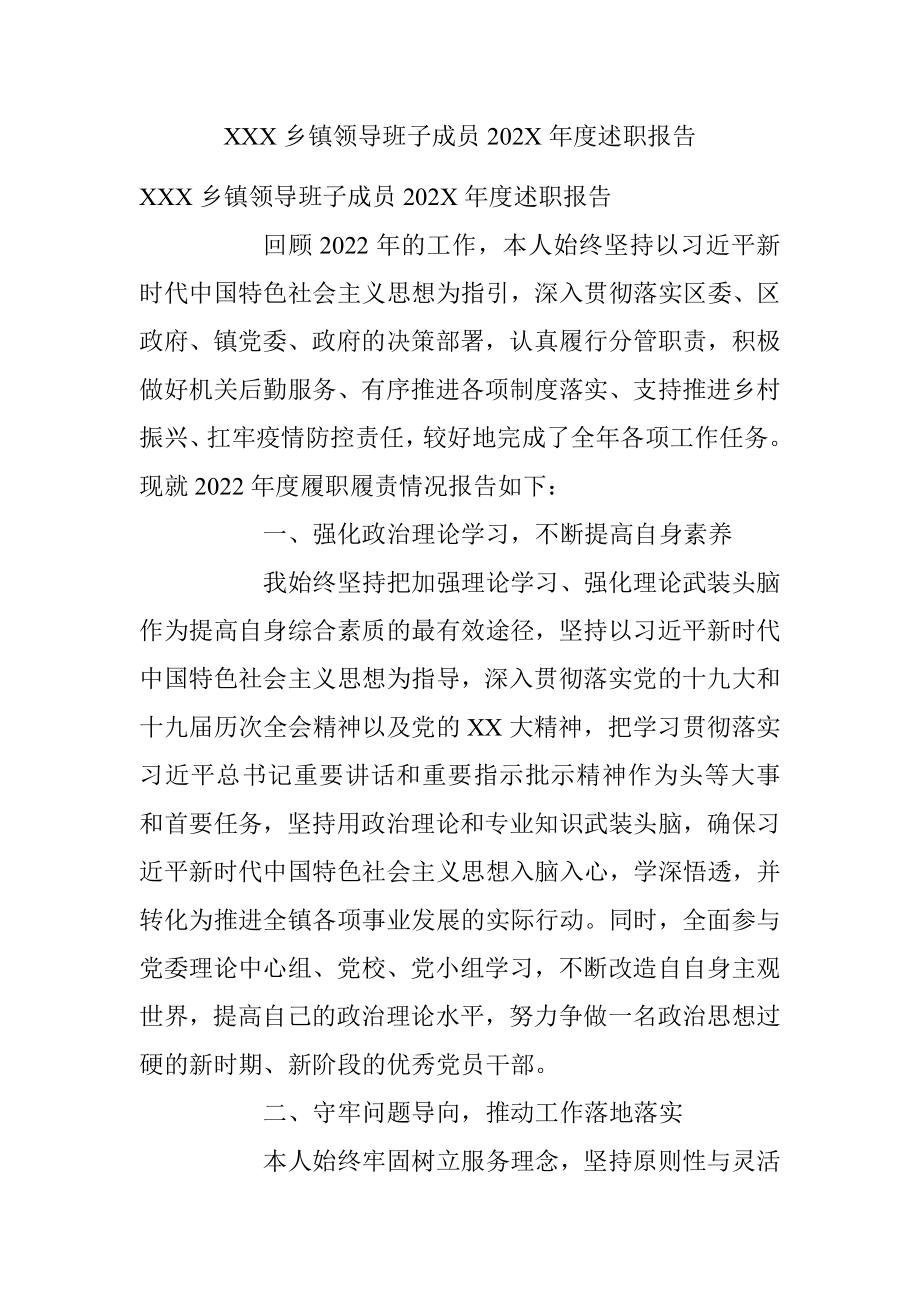 XXX乡镇领导班子成员202X年度述职报告.docx_第1页