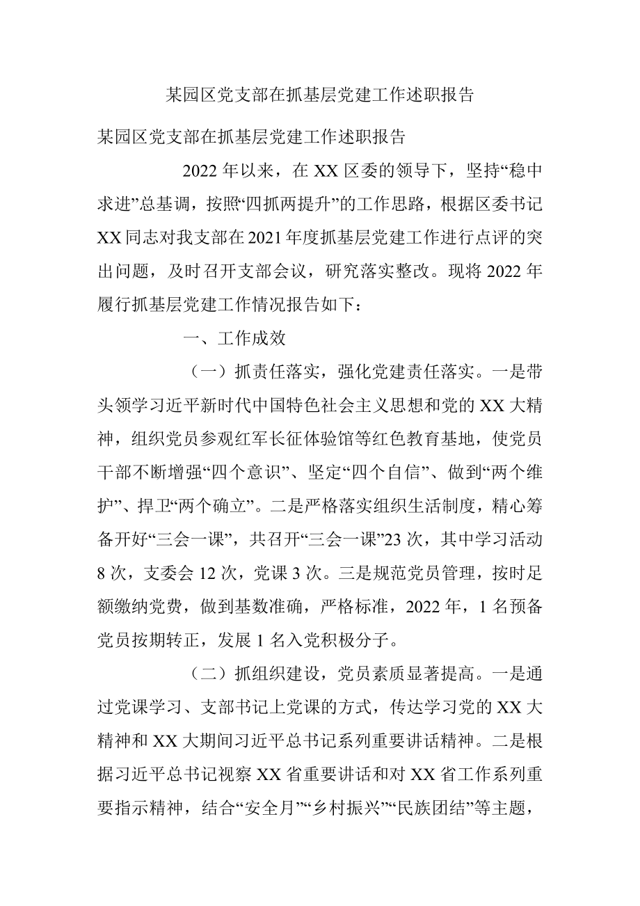 某园区党支部在抓基层党建工作述职报告.docx_第1页