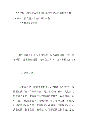 XX单位主要负责人年度组织生活会个人对照检查材料.docx