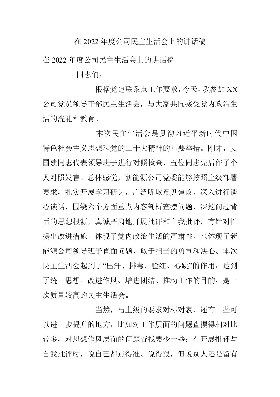 在2022年度公司民主生活会上的讲话稿.docx_第1页