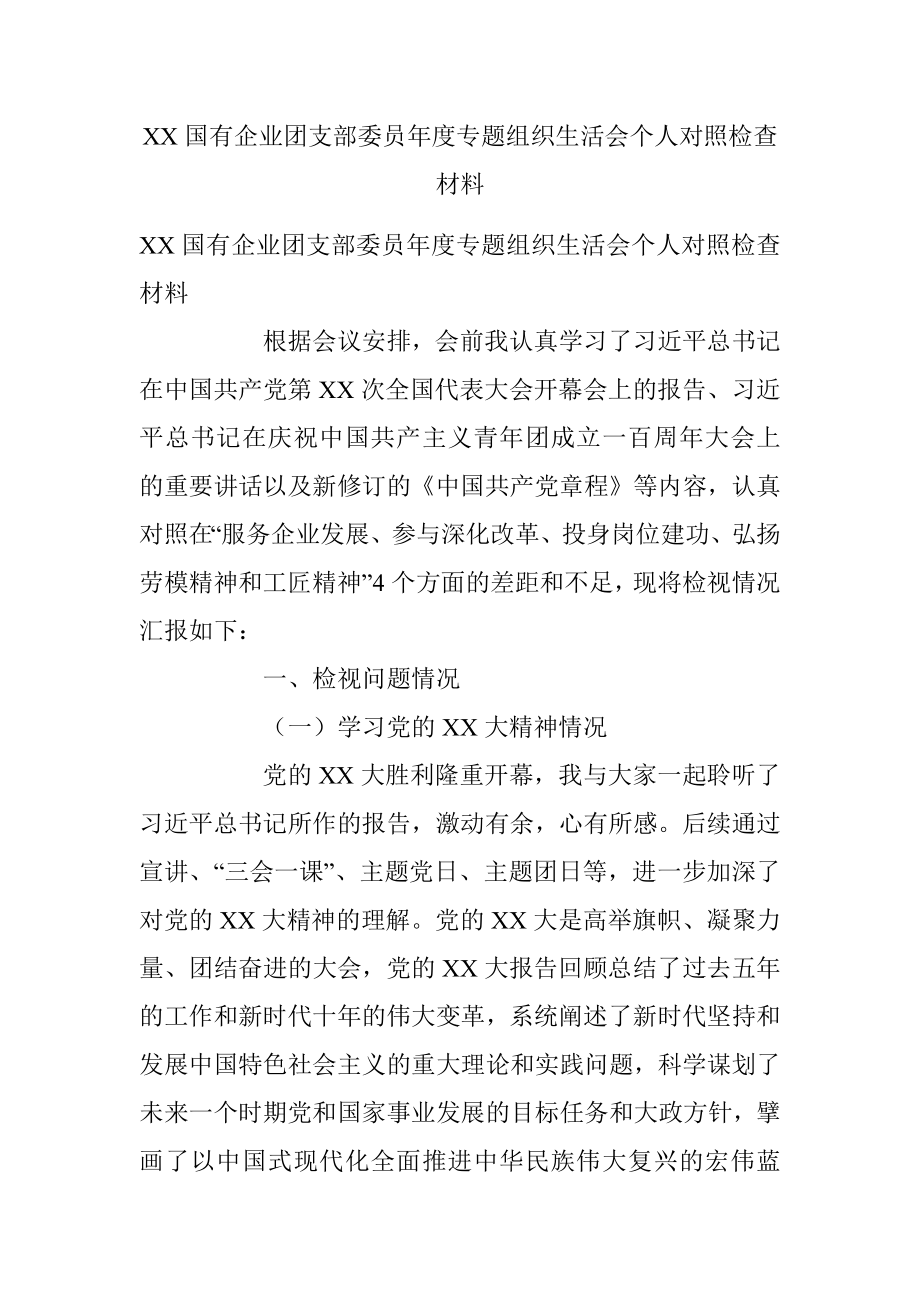 XX国有企业团支部委员年度专题组织生活会个人对照检查材料.docx_第1页