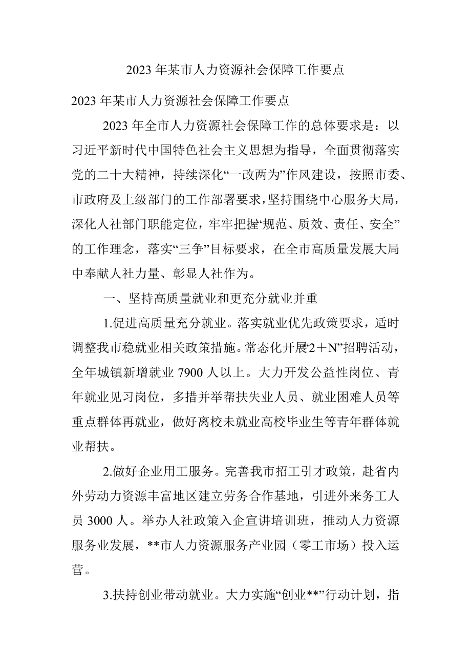 2023年某市人力资源社会保障工作要点.docx_第1页