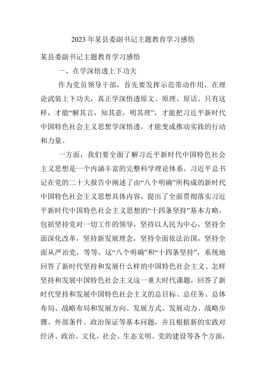 2023年某县委副书记主题教育学习感悟_1.docx_第1页