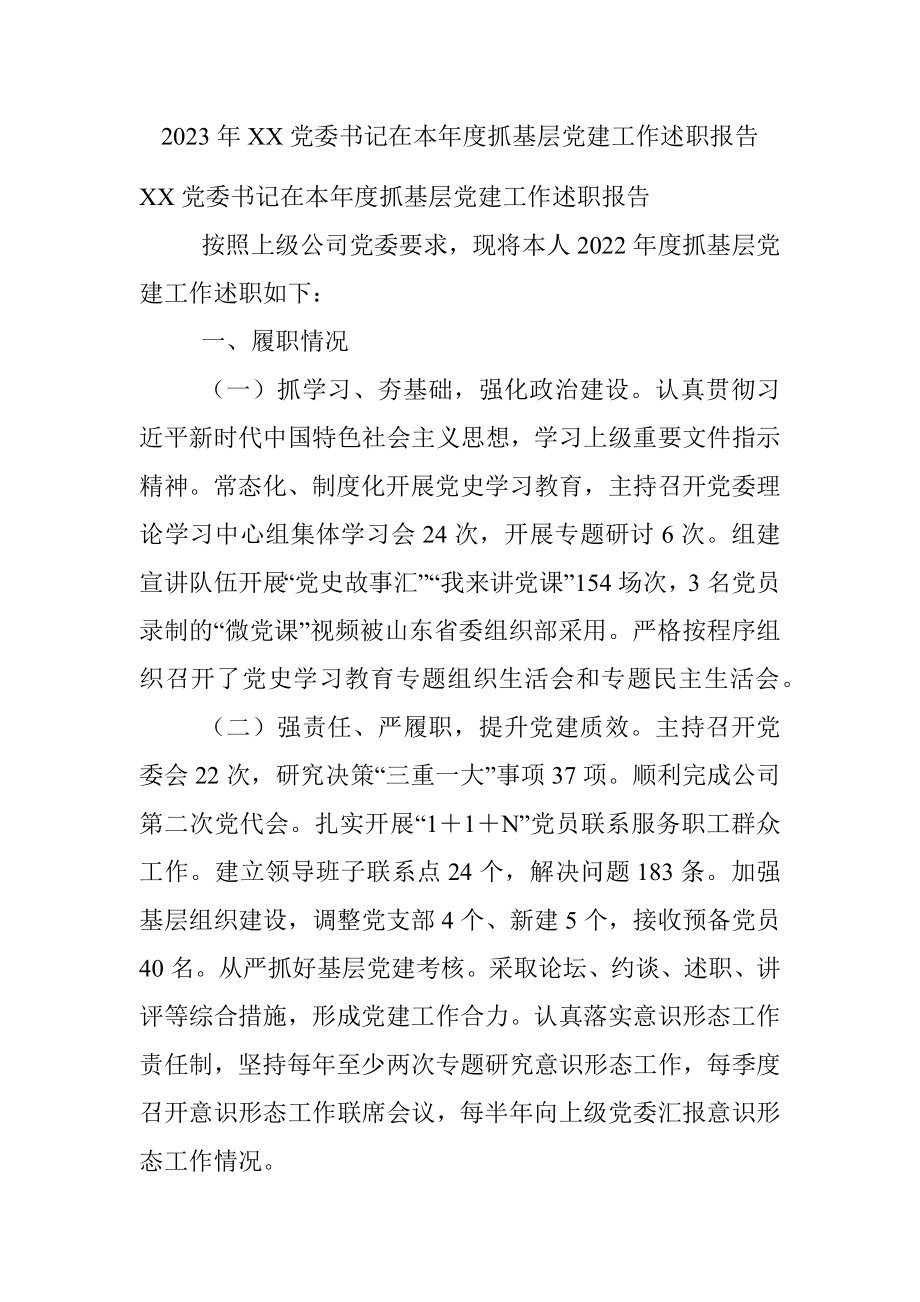 2023年XX党委书记在本年度抓基层党建工作述职报告.docx_第1页