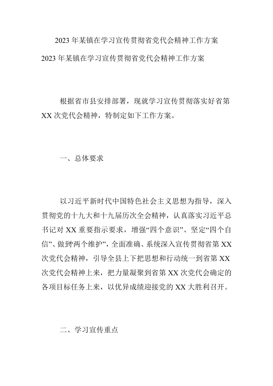 2023年某镇在学习宣传贯彻省党代会精神工作方案.docx_第1页