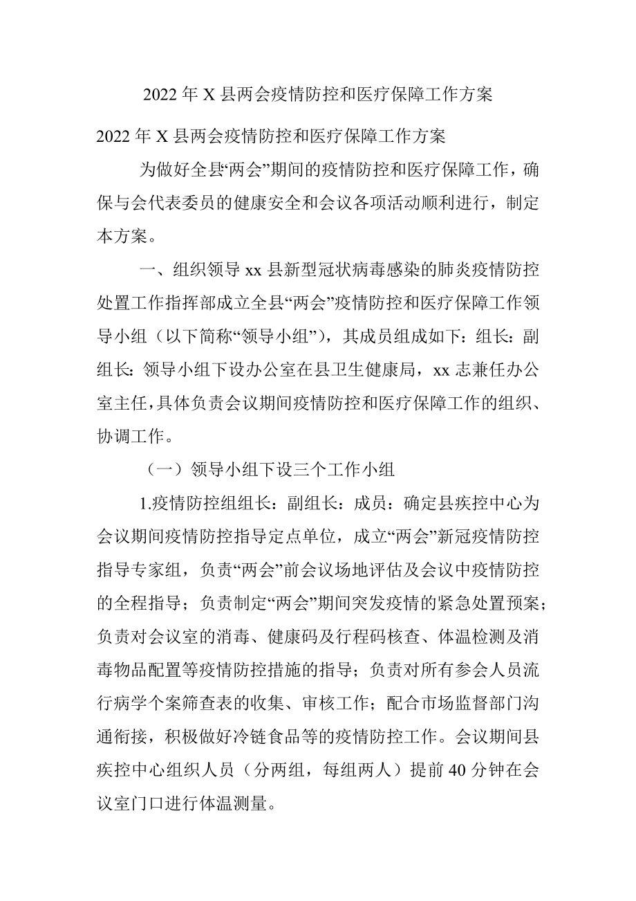 2022年X县两会疫情防控和医疗保障工作方案.docx_第1页