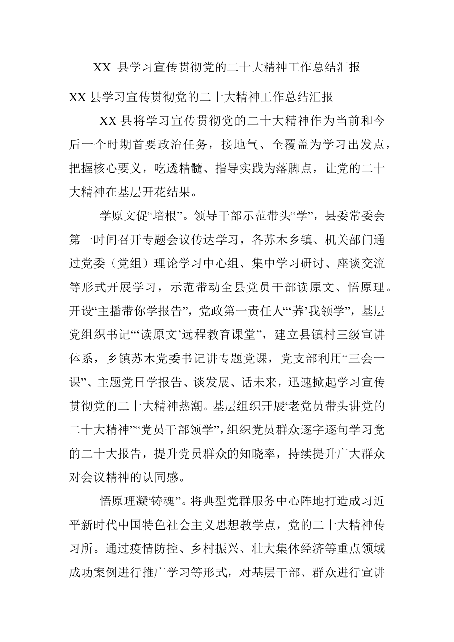 XX 县学习宣传贯彻党的二十大精神工作总结汇报.docx_第1页