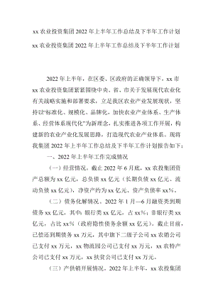 xx农业投资集团2022年上半年工作总结及下半年工作计划.docx