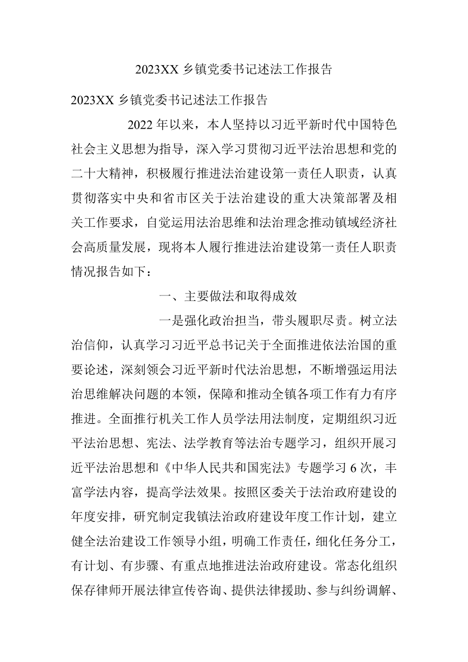 2023XX乡镇党委书记述法工作报告.docx_第1页