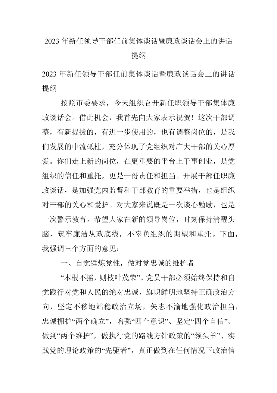 2023年新任领导干部任前集体谈话暨廉政谈话会上的讲话提纲.docx_第1页