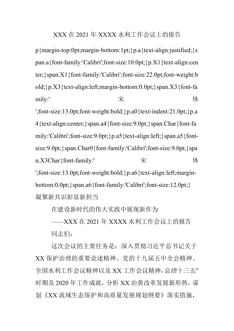 XXX在2021年XXXX水利工作会议上的报告.docx_第1页