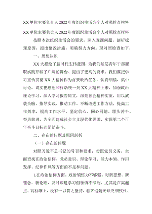 XX单位主要负责人2022年度组织生活会个人对照检查材料_1.docx