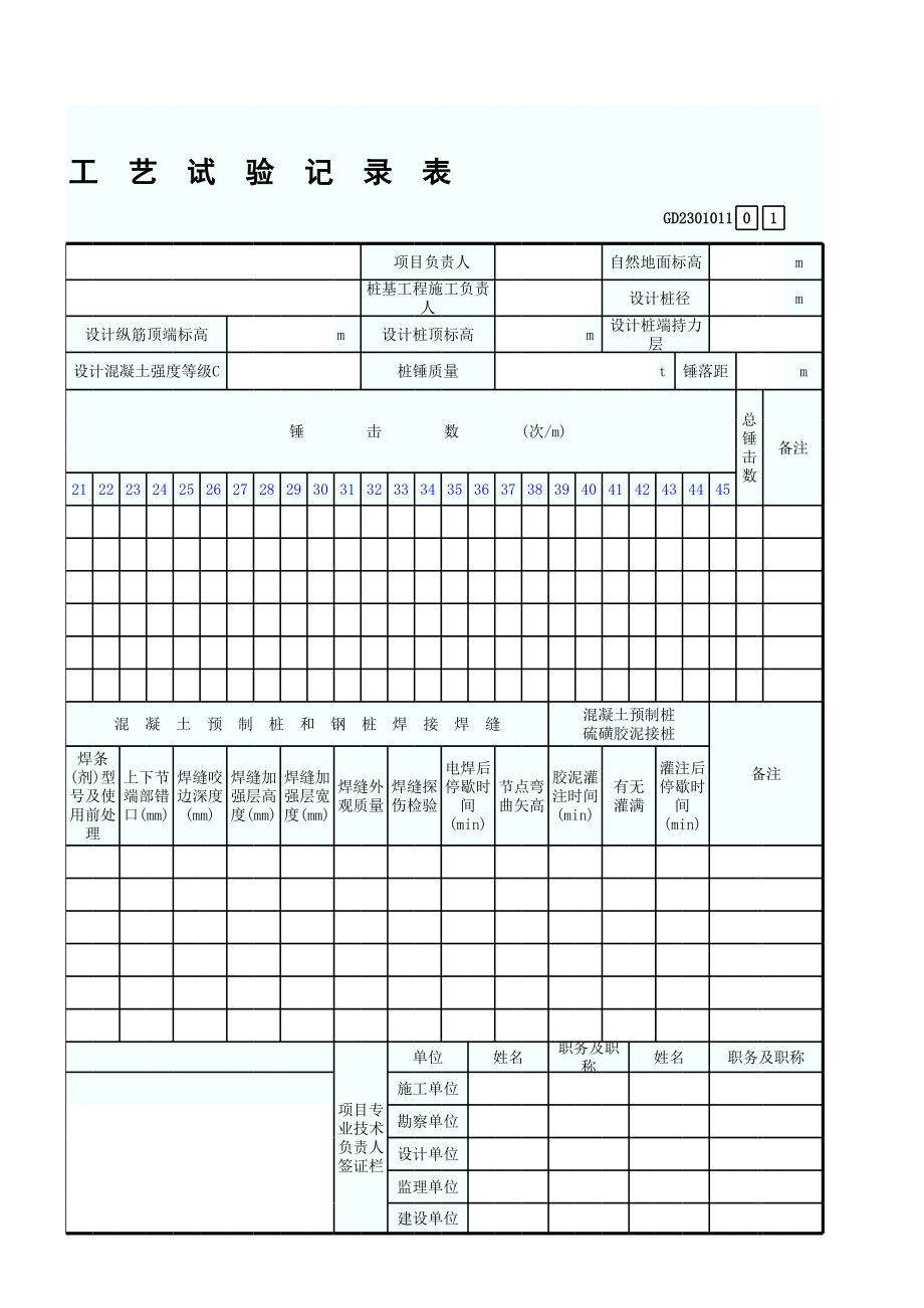 锤击混凝土预制桩、钢桩施工工艺试验记录表GD2301011.xls_第3页