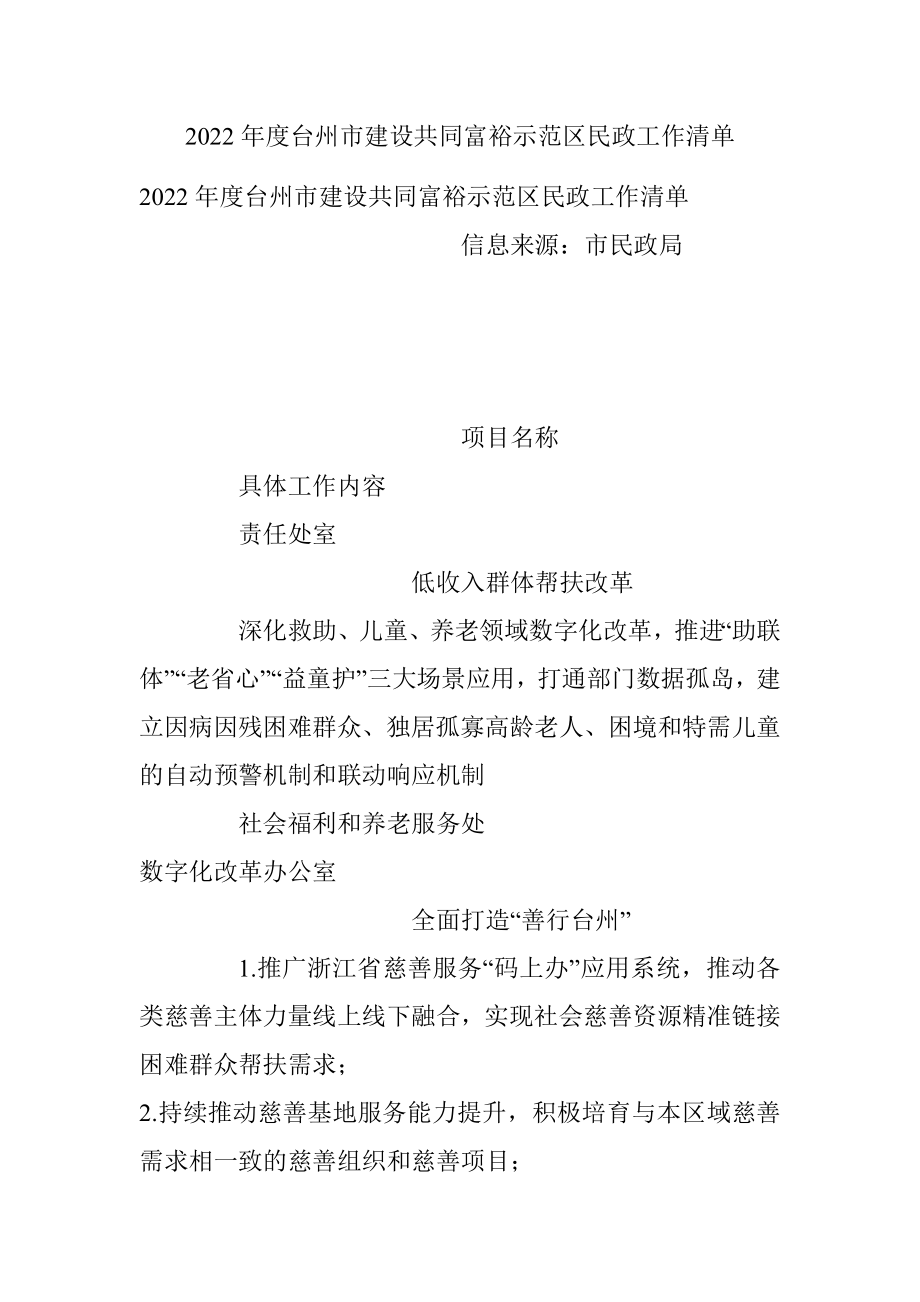 2022年度台州市建设共同富裕示范区民政工作清单.docx_第1页