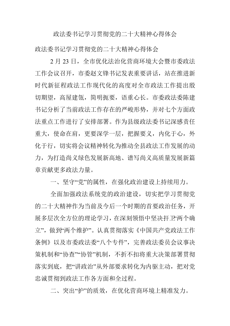 政法委书记学习贯彻党的二十大精神心得体会.docx_第1页